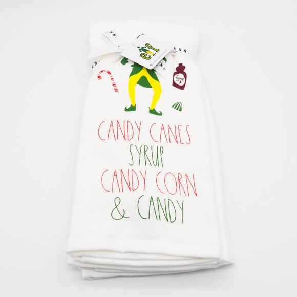 Rae Dunn Elf "CANDY CANES SYRUP CANDY CORN & CANDY" Kitchen Towel Set of 2 - Picture 1 of 5